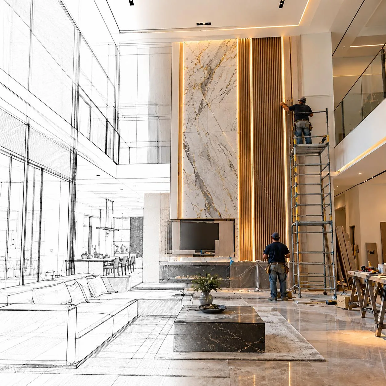 Design sketch turning into a finished living room while the crew installs a lit slat wall