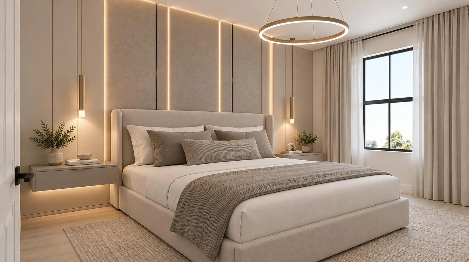 Upholstered headboard wall with linear lighting and ring pendant