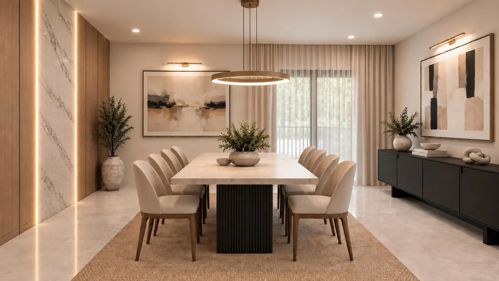 Dining room with stone table, ring pendant and lit marble wall