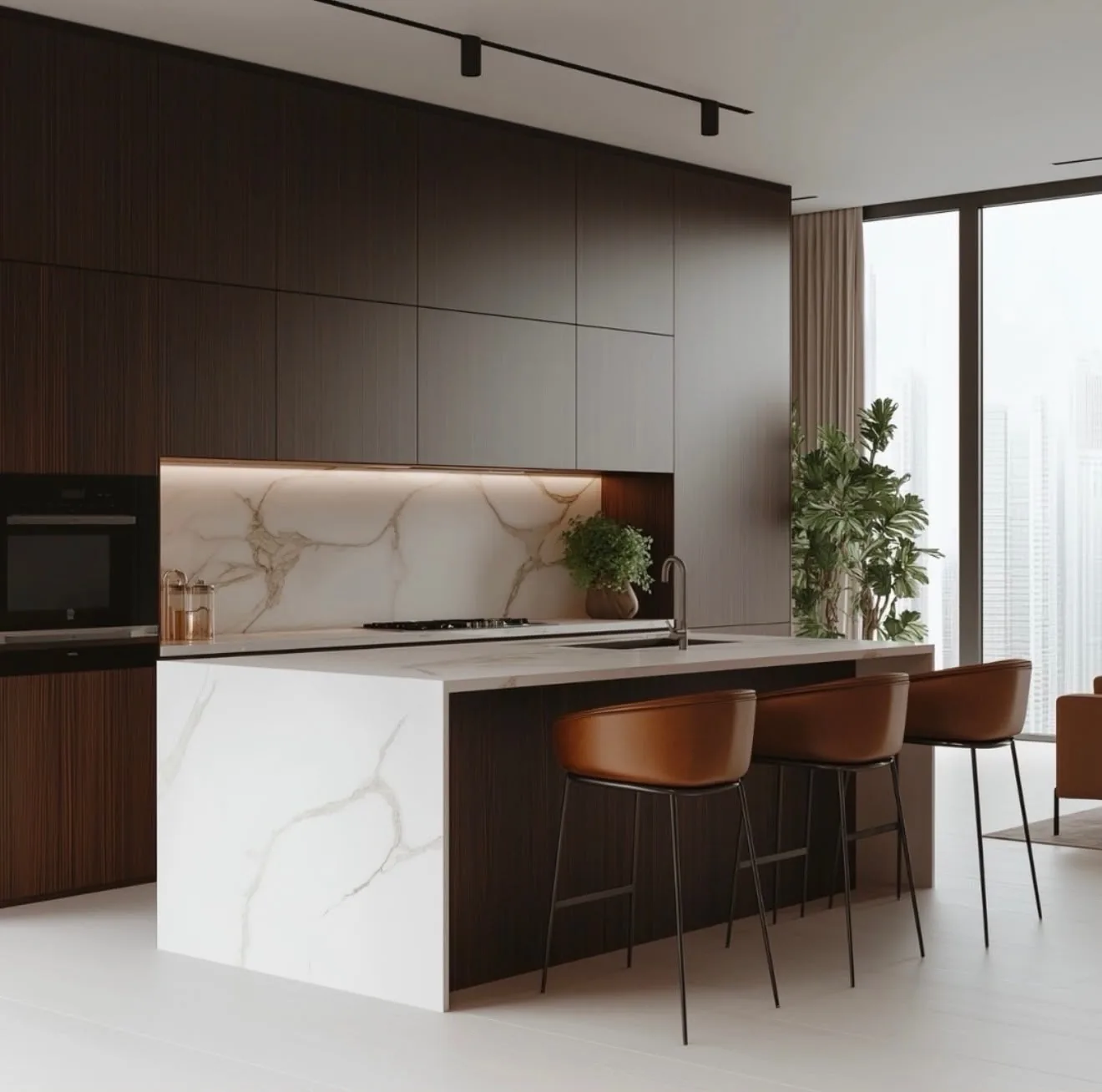 Walnut kitchen with book-matched marble island and backsplash