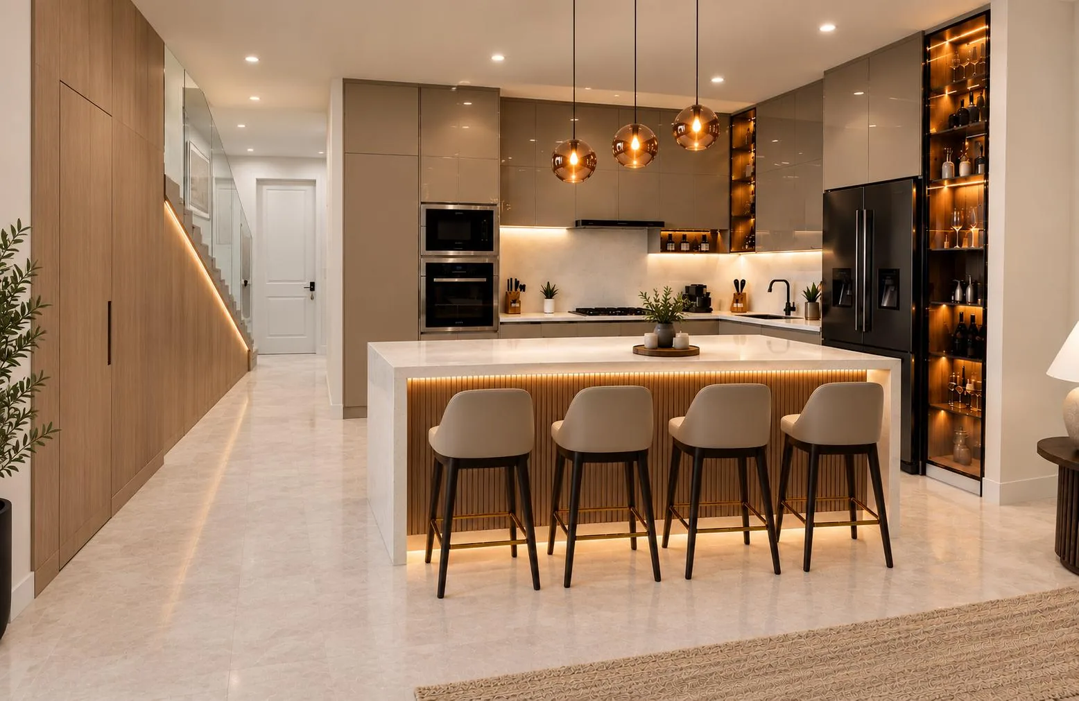 Kitchen with fluted wood island, stone top and lit wine display