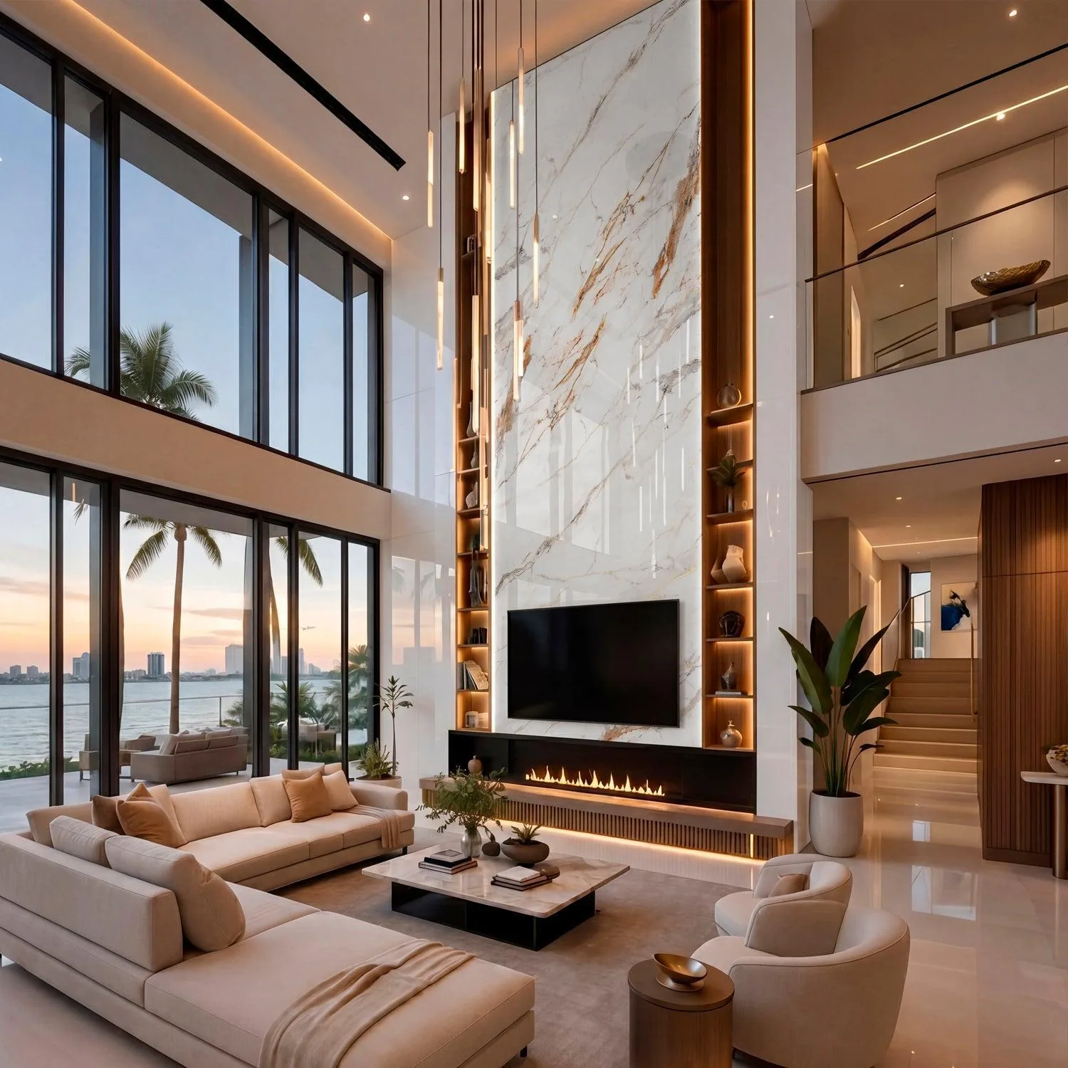 Double-height living room with marble fireplace wall and lit niches