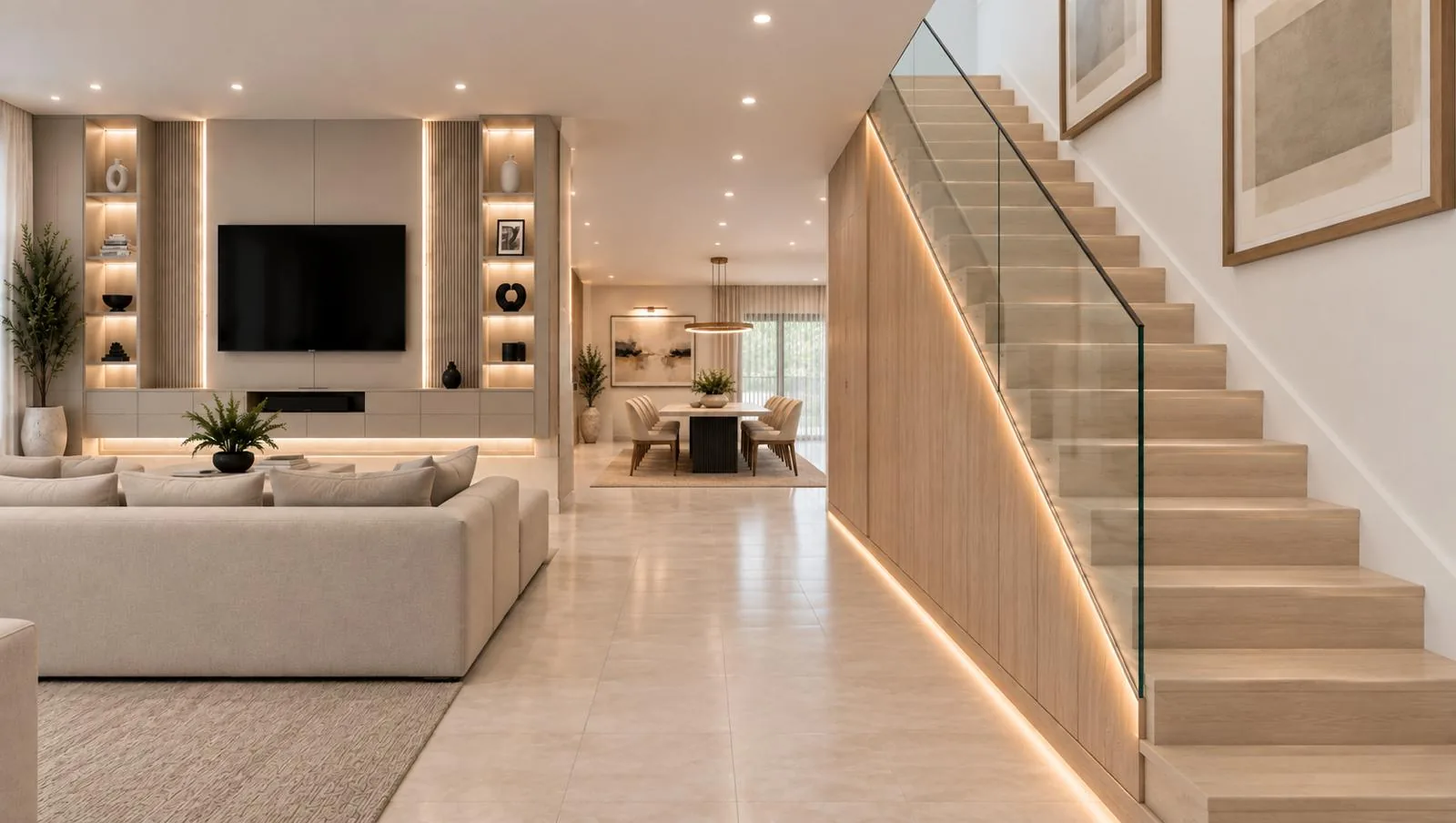 Open living area with oak staircase, glass rail and lit niches