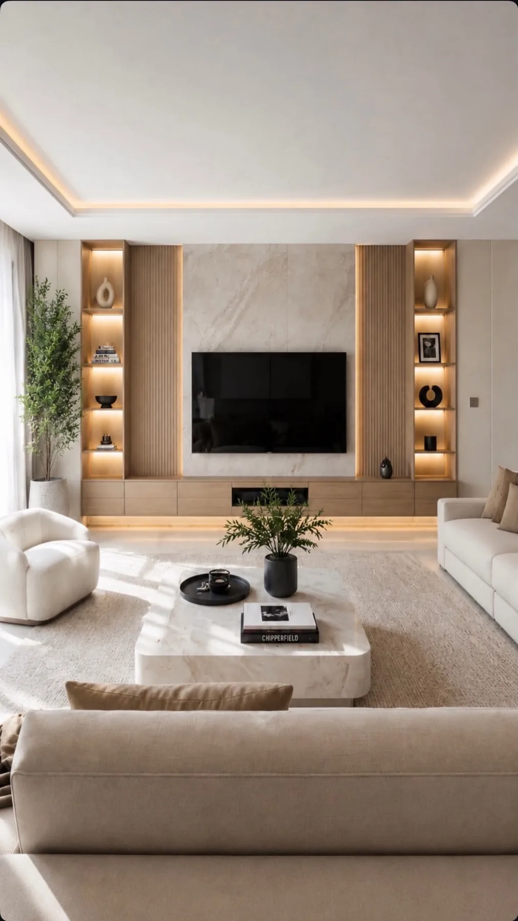 Oak media wall with fluted panels and lit display niches